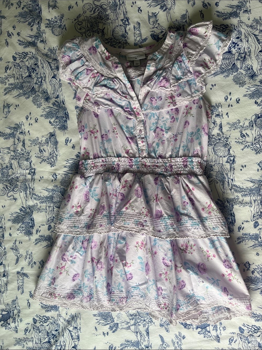 LoveShackFancy Lavender Floral Ruffle Mini Dress